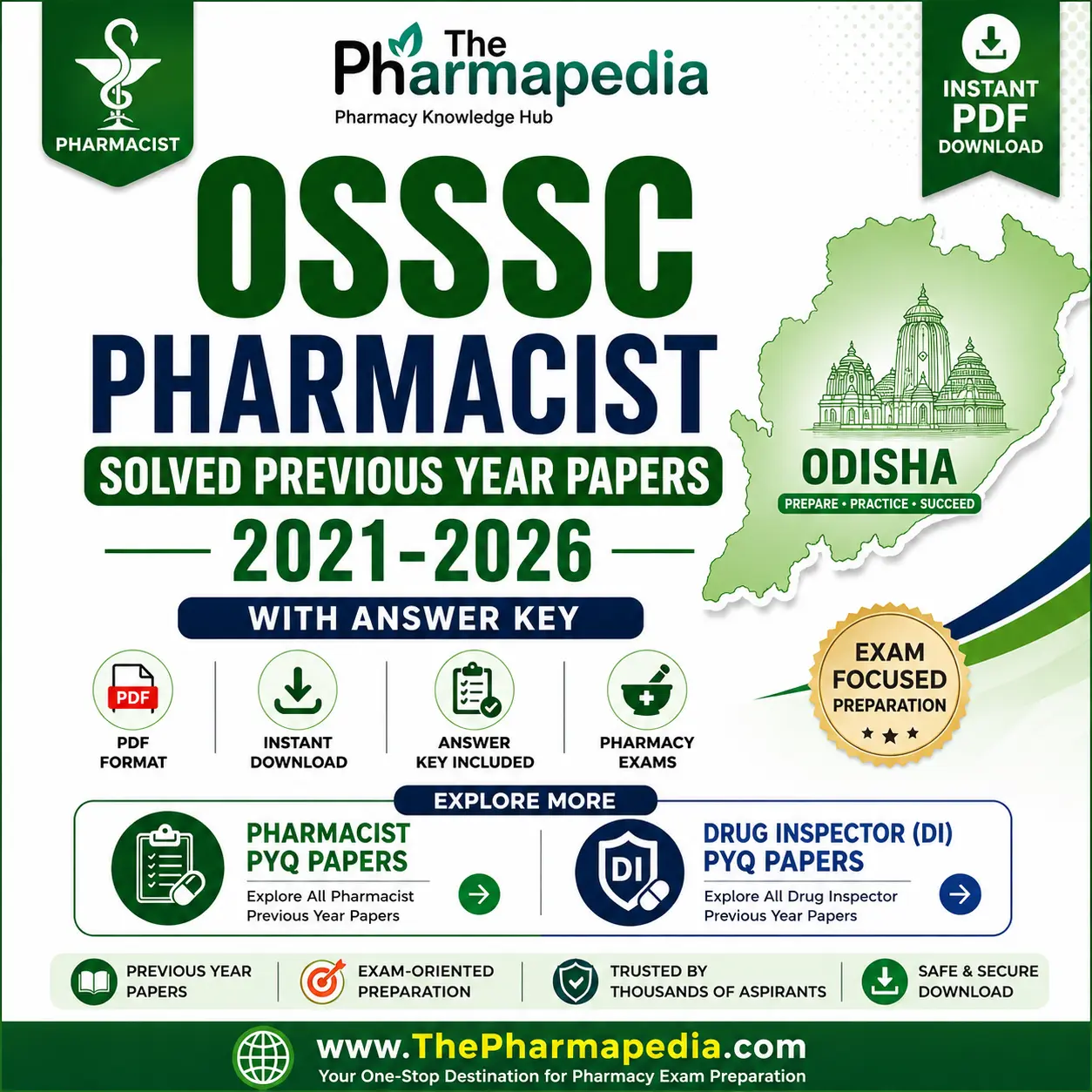 OSSSC Pharmacist Solved Previous Year Papers 2021–2026 PDF with Answer Key for Odisha Pharmacist Recruitment Exam by The Pharmapedia
