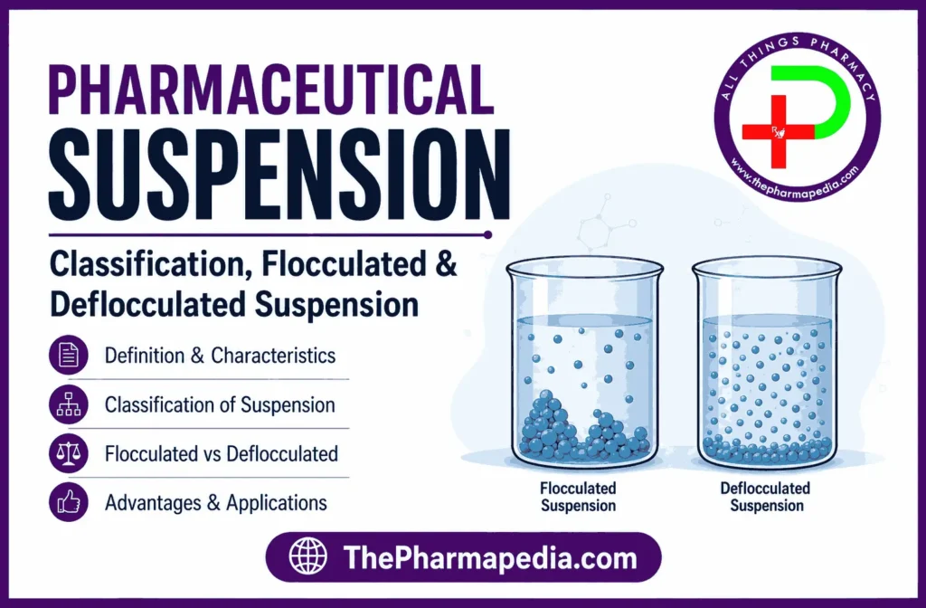 Pharmaceutical suspension types showing flocculated and deflocculated dispersed systems