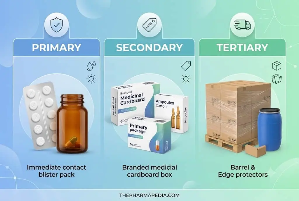 Infographic illustrating the three layers of pharmaceutical packaging: primary immediate contact blister packs, secondary medical cardboard boxes, and tertiary shipping pallets