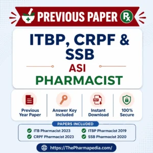 Official previous year question papers PDF mockup for CRPF, ITBP, and SSB Assistant Sub-Inspector Pharmacist paramedical exams.