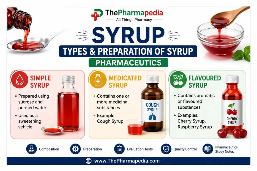 A professional laboratory setup showing pharmaceutical syrup preparation with amber glass bottles, beakers, and measuring instruments.