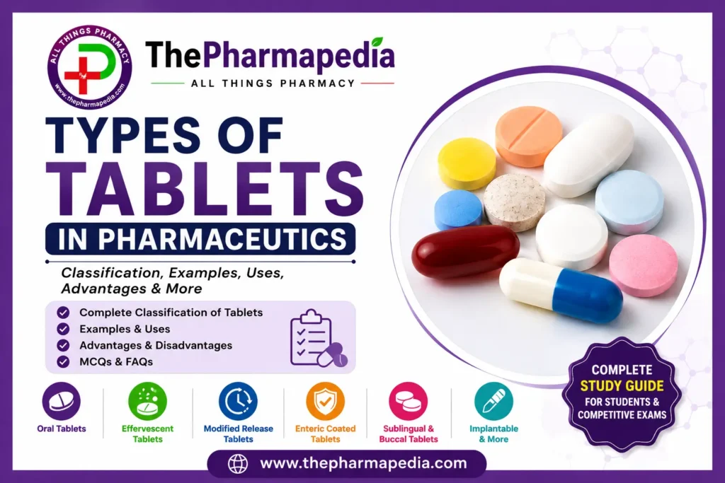 Types of tablets in pharmaceutics showing tablet classification, examples, uses, modified release, enteric-coated, effervescent, buccal, sublingual, chewable and implantable tablets.