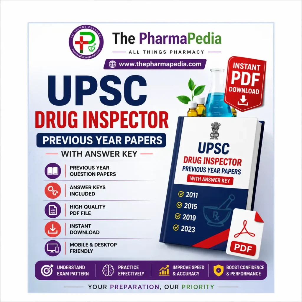 UPSC Drug Inspector previous year question papers PDF booklet cover with answer keys by The Pharmapedia