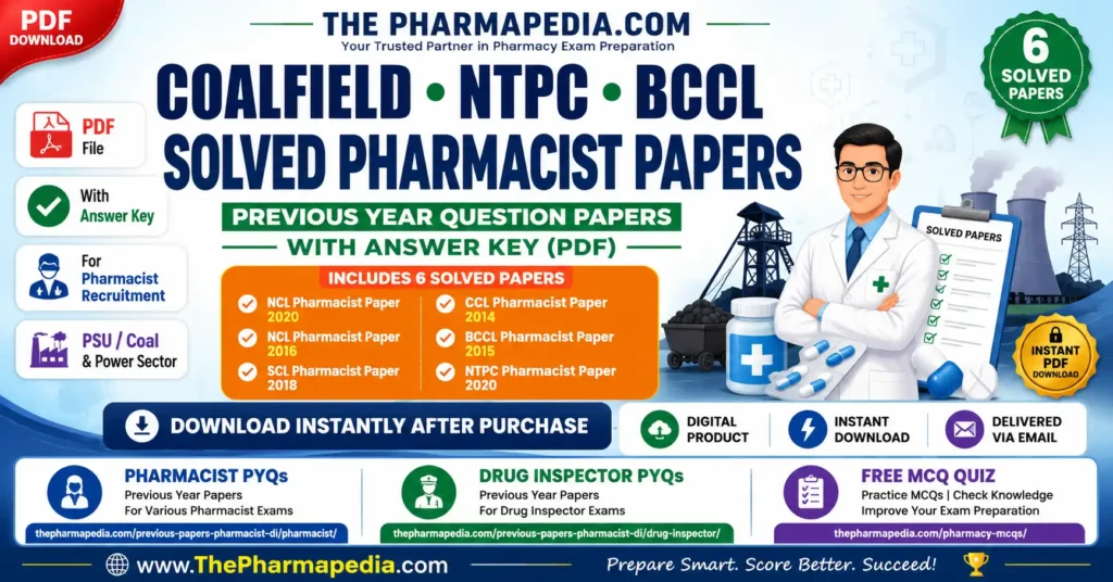 Cover image of Coalfield NTPC and BCCL Pharmacist solved previous year question papers PDF bundle
