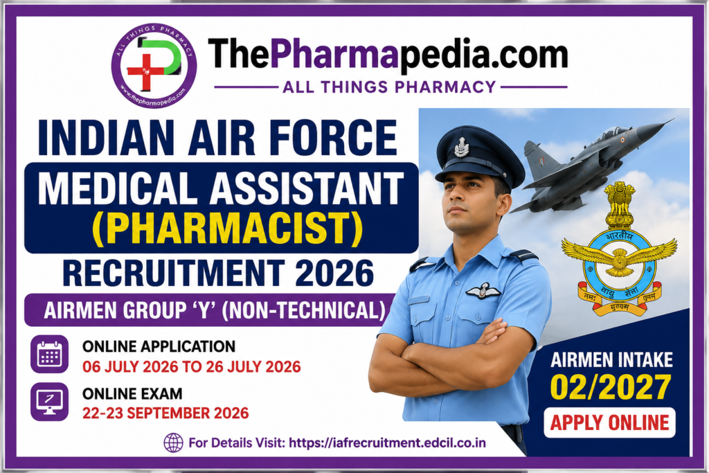 An Indian Air Force recruitment promotional graphic highlighting the Medical Assistant and Pharmacist Trade for Airmen Intake 02/2027