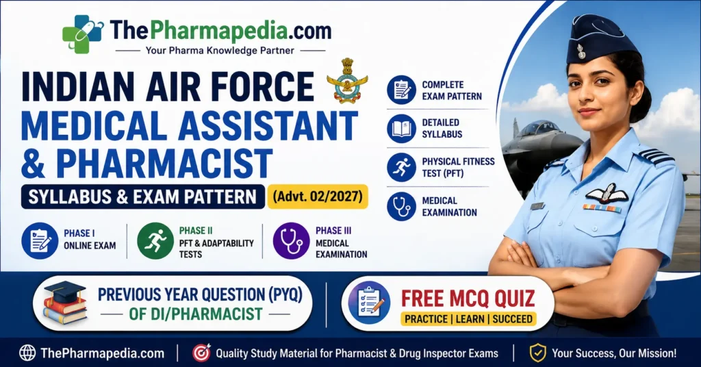 Indian Air Force Medical Assistant and Pharmacist Syllabus & Exam Pattern 2027 showing Phase I online exam, Physical Fitness Test (PFT), selection process, Previous Year Questions (PYQ), and Free MCQ Quiz by ThePharmapedia.com