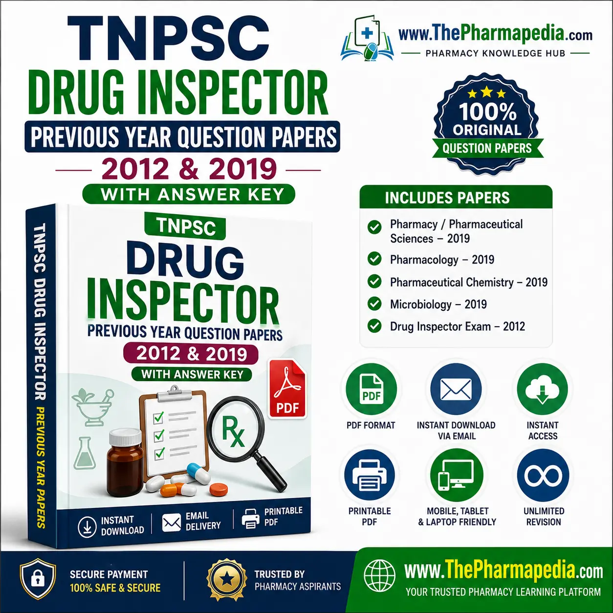 TNPSC Drug Inspector Previous Year Question Papers PDF with Answer Key | Instant Download | ThePharmapedia