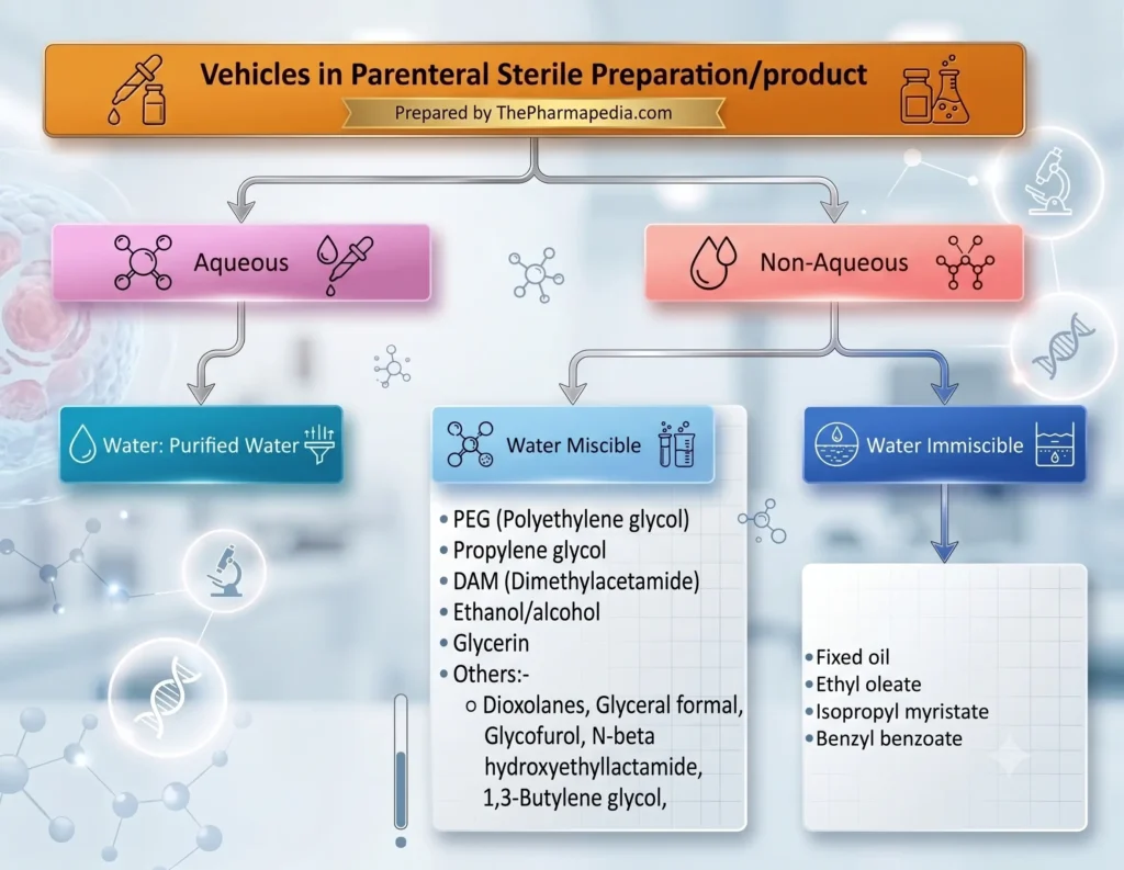 Flowchart showing vehicles in parenteral sterile preparation, categorized into aqueous and non-aqueous vehicles like water miscible and immiscible types.