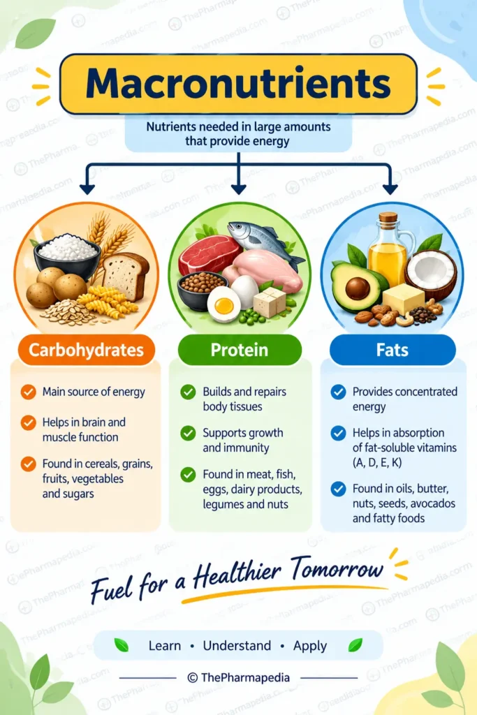 Mobile-friendly infographic explaining macronutrients including carbohydrates, protein, and fats with their functions, food sources, and health benefits for D.Pharma andB.Pharma