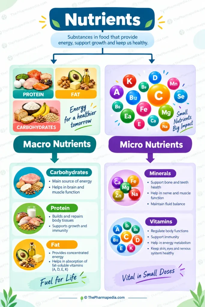 Educational infographic showing nutrients divided into two categories: macronutrients (carbohydrates, protein, fats) and micronutrients (vitamins and minerals).