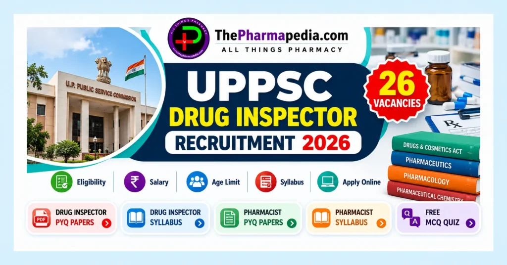 UPPSC Drug Inspector Recruitment 2026 feature image showing 26 vacancies, Drug Inspector PYQ Papers, Syllabus, Pharmacist PYQ Papers by ThePharmapedia