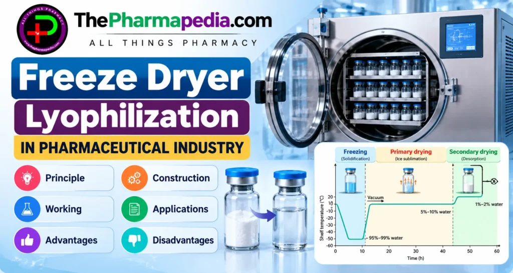 Pharmaceutical freeze dryer used for lyophilization, showing medicine vials and the freezing, primary drying, and secondary drying stages