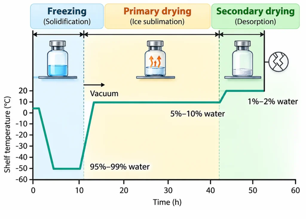 Three stages of pharmaceutical lyophilization: freezing, primary drying by ice sublimation, and secondary drying by desorption, with shelf temperature versus time graph